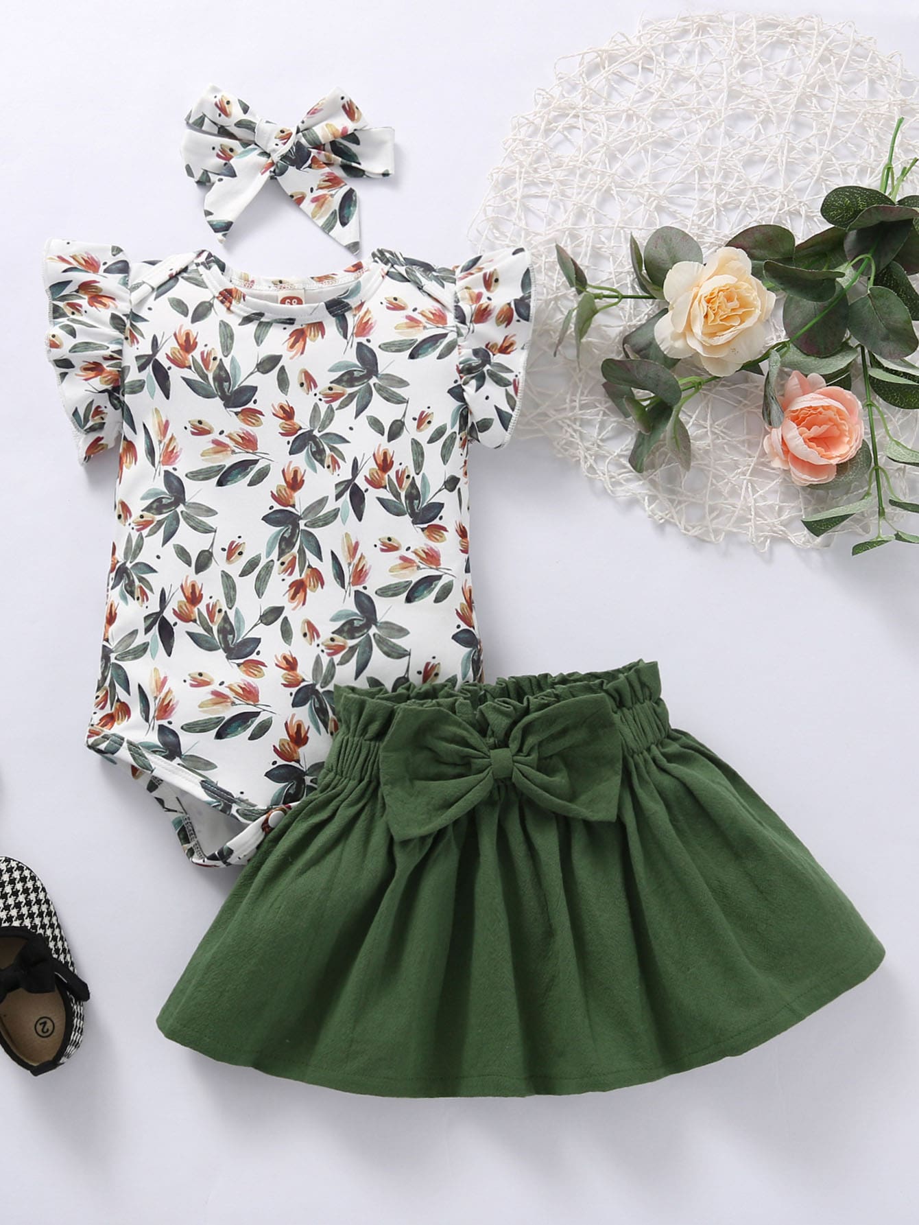 Baby Girl Plants Print Bodysuit & Bow Front Skirt & Headband