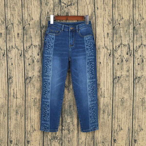 Girls Graphic Print Jeans, Medium wash