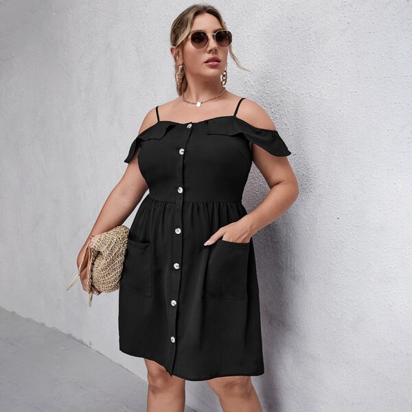 Plus Button Front Ruffle Dress, Black