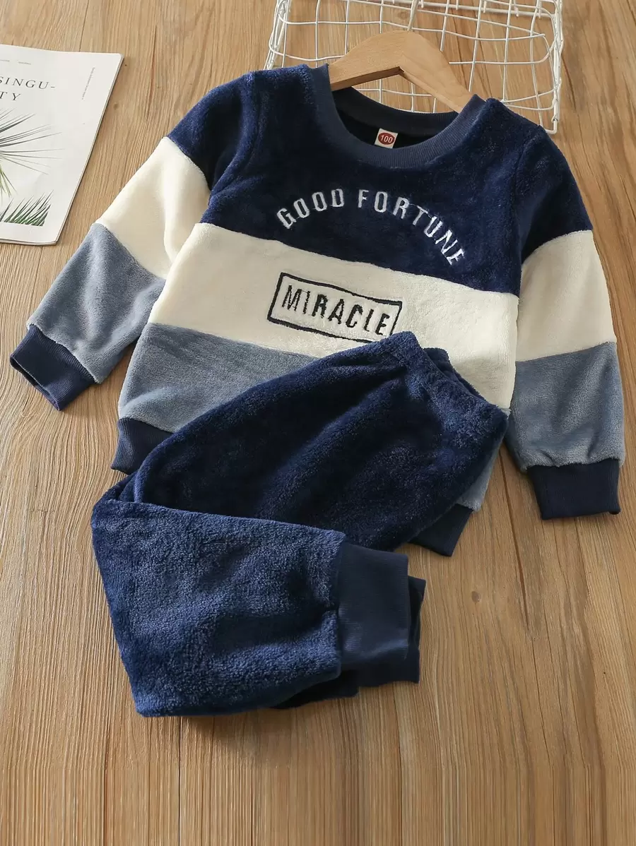 SHEIN Young Boy Colorblock Letter Embroidery Flannel Pullover & Pants