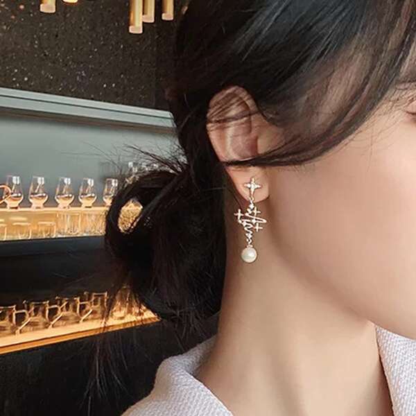 Faux Pearl & Four-pointed Star Decor Drop Earrings, Gold