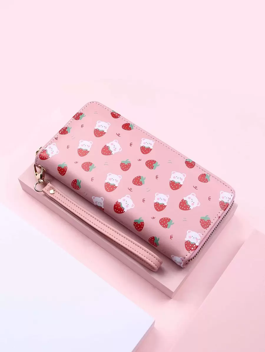 Cartera, monedero o billetera tipo negocio/casual con gráfico de fresa de dibujos animados, ideal como regalo para profesores, negocios, viajes, vacaciones, aniversarios, cumpleaños, San Valentín, para damas, trabajadoras de oficina. Color rosa intenso para el Día de San Valentín para mujeres.