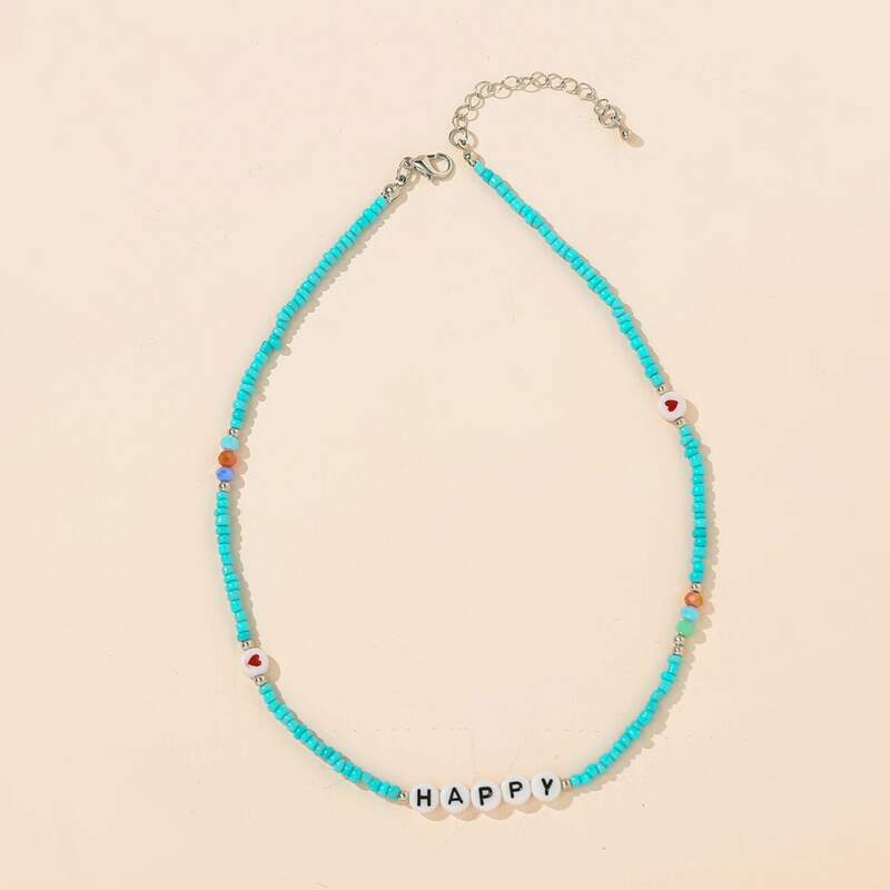 Letter Decor Beaded Necklace, Blue 
Letter Decor Beaded Necklace, Blue