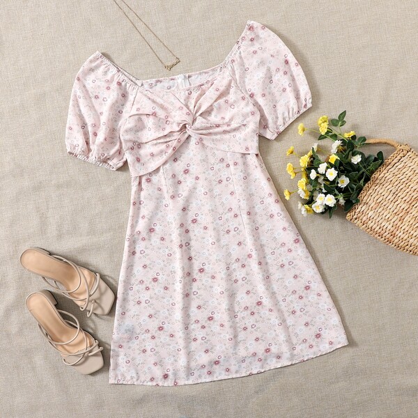Ditsy Floral Twist Front Dress, Baby pink