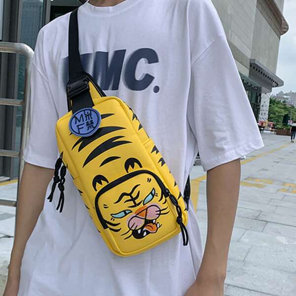 Men Cartoon Tiger Graphic Sling Bag, Yellow