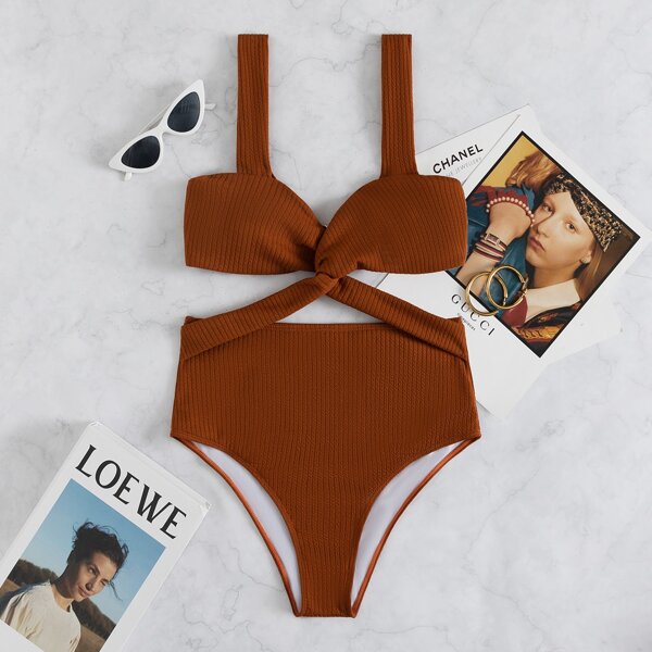 Twist Front One Piece Swimsuit, Brown