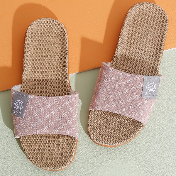 Plaid Pattern Straw Design Bedroom Slippers, Pink