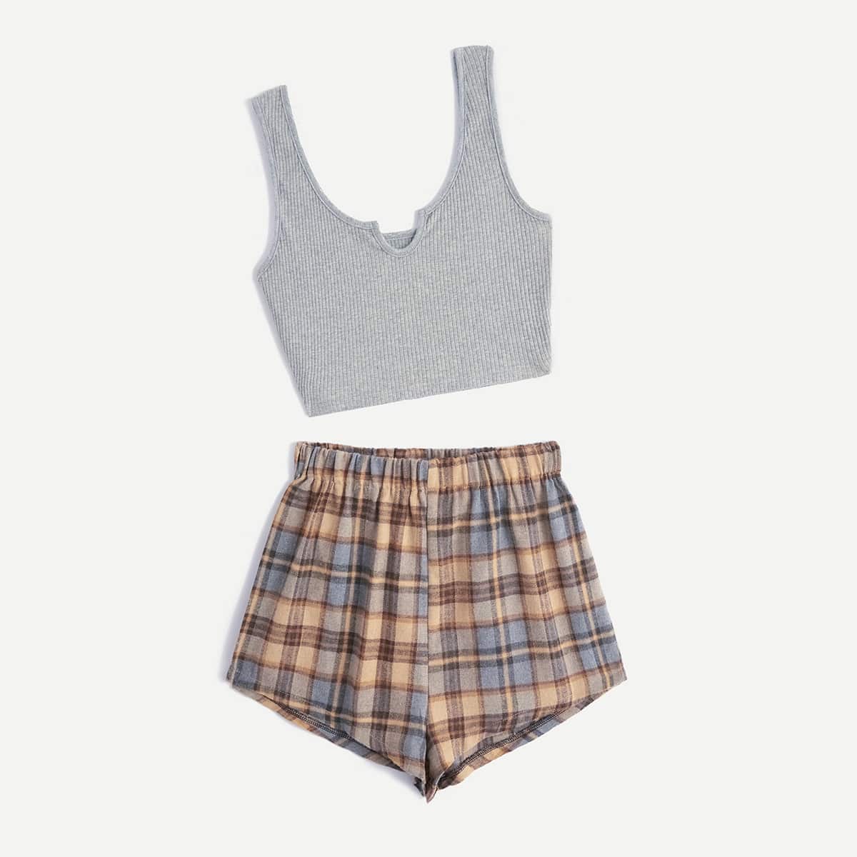 Solid Ribbed Tank Top & Plaid Shorts, Multicolor 
Solid Ribbed Tank Top & Plaid Shorts, Multicolor