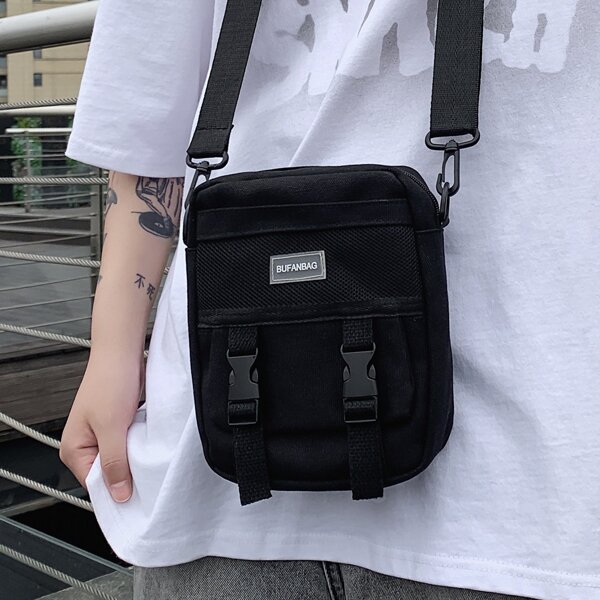 Men Letter Graphic Crossbody Bag, Black