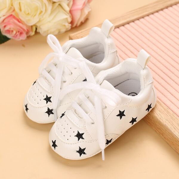 Baby Boy Star Embroidery Lace-up Front Sneakers, White