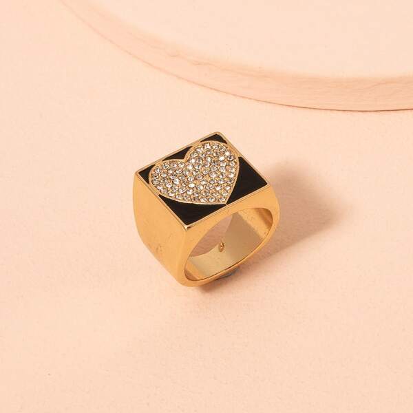 Rhinestone Heart Decor Ring, Gold