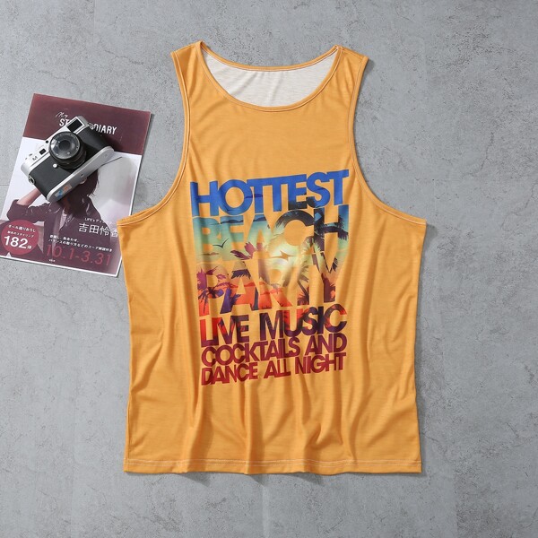 Men Slogan Graphic Tank Top, Mustard yellow