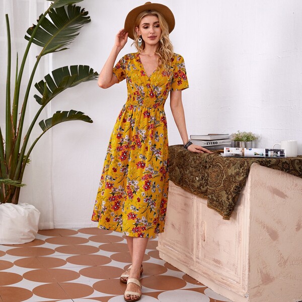 Allover Floral Shirred Waist Dress, Yellow