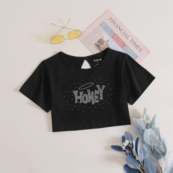 Letter Rhinestone Crop Tee, Black