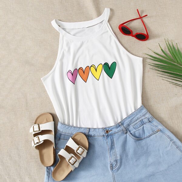 Plus Heart Print Tank Top, White