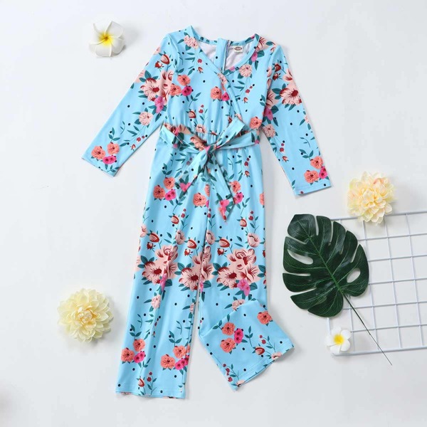 Toddler Girls Floral Print Belted Jumpsuits, Blue