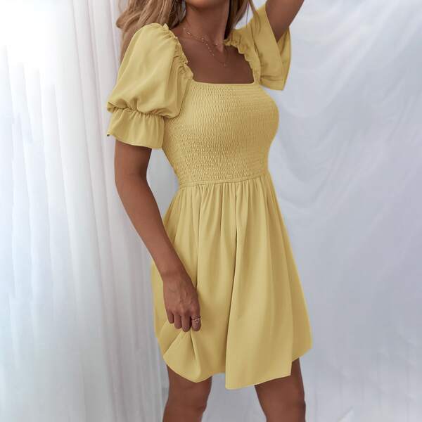 Shirred Bodice Solid Dress, Yellow