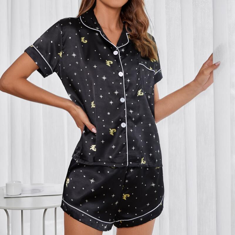 Polka Dot & Graphic Print Contrast Binding Pocket Front Night Set, Black 
Polka Dot & Graphic Print Contrast Binding Pocket Front Night Set, Black