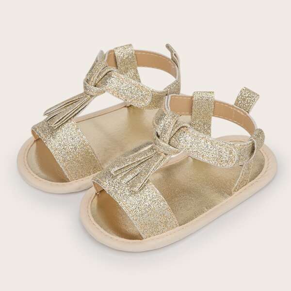 Baby Girls Tassel Decor Glitter Sandals, Gold