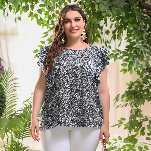 размера плюс Блуза с цветочным принтом с оборкой, Чёрный 
размера плюс Блуза с цветочным принтом с оборкой, Чёрный