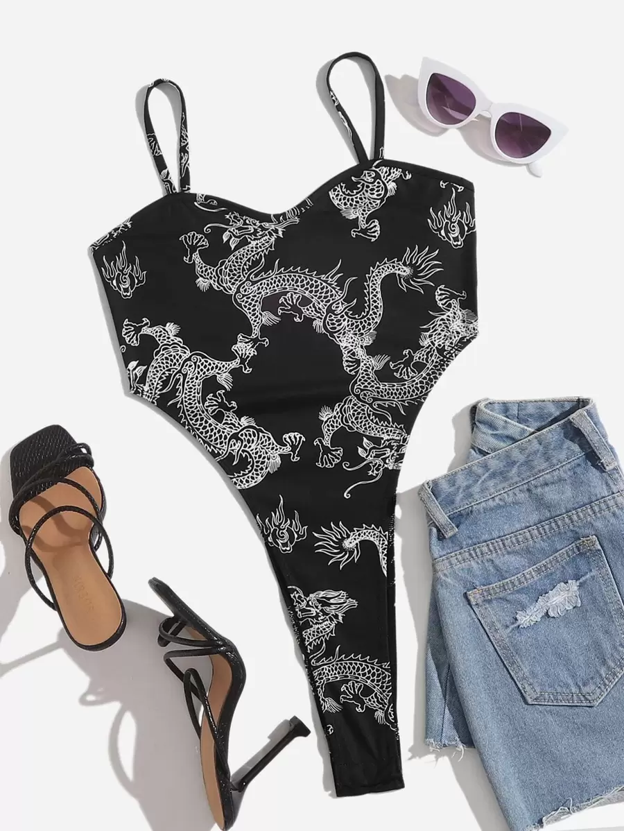 SHEIN EZwear Chinese Dragon Print Cami Bodysuit