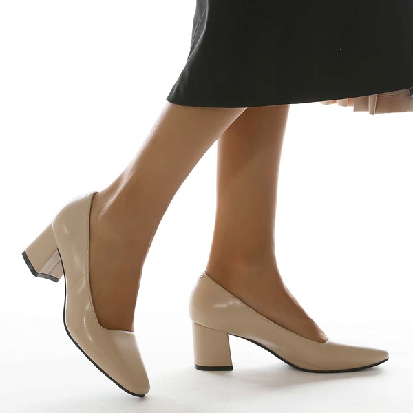 Square Toe Chunky Heeled Court Pumps, Apricot