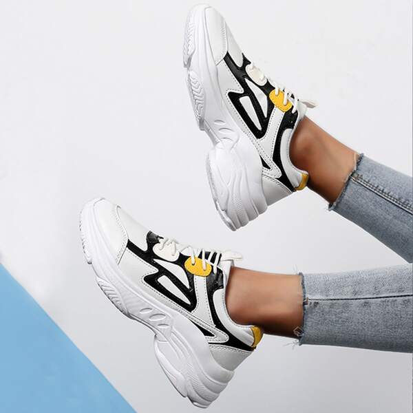 Two Tone Lace-up Front Chunky Sneakers, Black and white