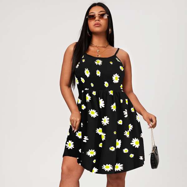 Plus Floral Print Shirred Cami Dress, Black
