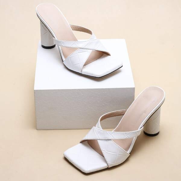 Cross Strap Chunky Heeled Mules, White
