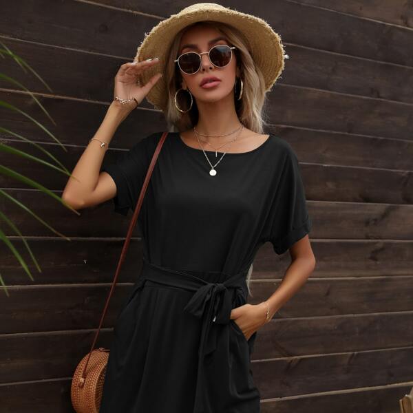 Cuffed Sleeve Tie Front Dress, Black