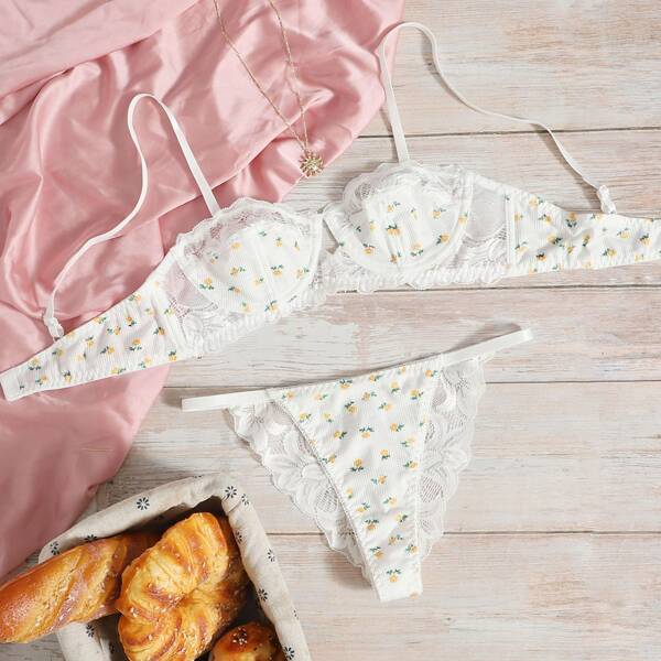 Комплект нижнего белья с цветочным принтом с кружевной отделкой на косточках, Многоцветный 
Комплект нижнего белья с цветочным принтом с кружевной отделкой на косточках, Многоцветный