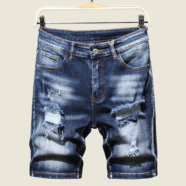 Men Ripped Washed Denim Shorts, Dark wash