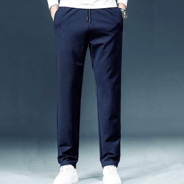 Men Solid Straight Leg Pants, Navy blue