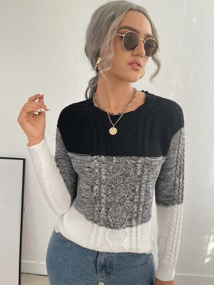 SHEIN LUNE Jersey de color combinado tejido de cable