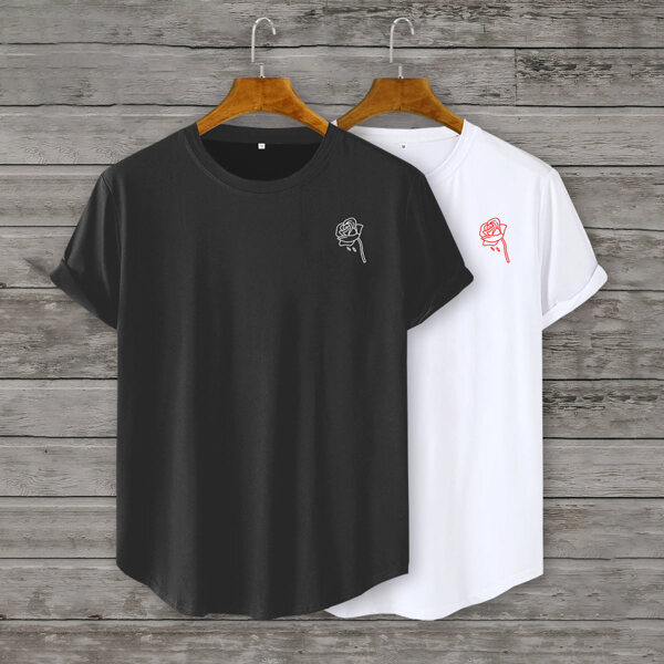 Men 2pcs Rose Print Tee, Black and white