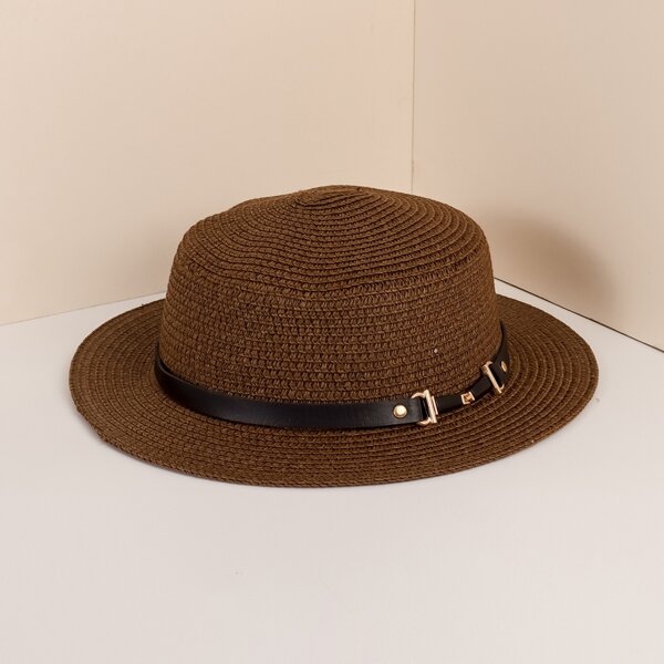 Belt Decor Straw Hat, Coffee brown