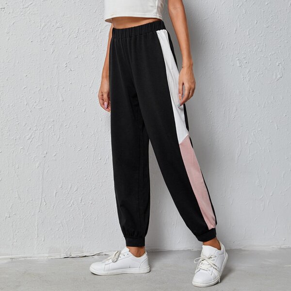 Colorblock Elastic Waist Sweatpants, Black