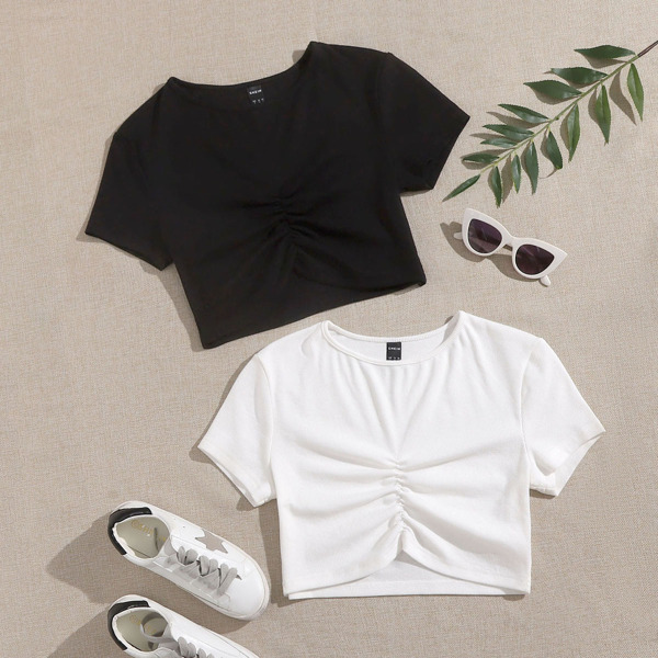 2 Pack Ruched Front Top, Black and white
