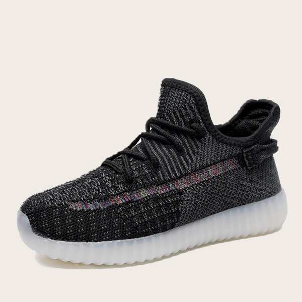 Boys Lace Up Decor Knit Running Shoes, Black