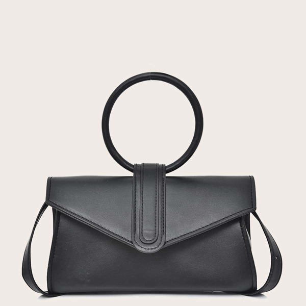 Minimalist Ring Handle Satchel Bag, Black