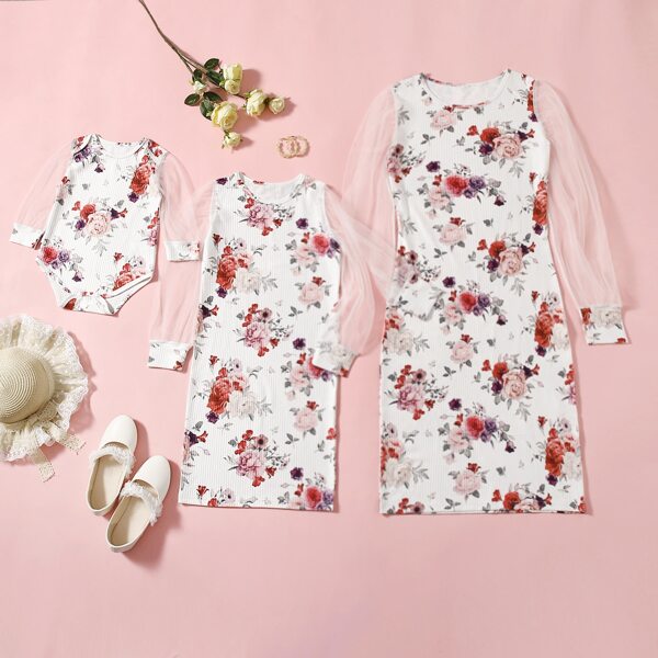 Baby Floral Print Rib-Knit Bodysuit, White