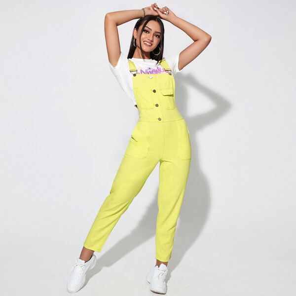 Button Front Denim Overalls, Yellow