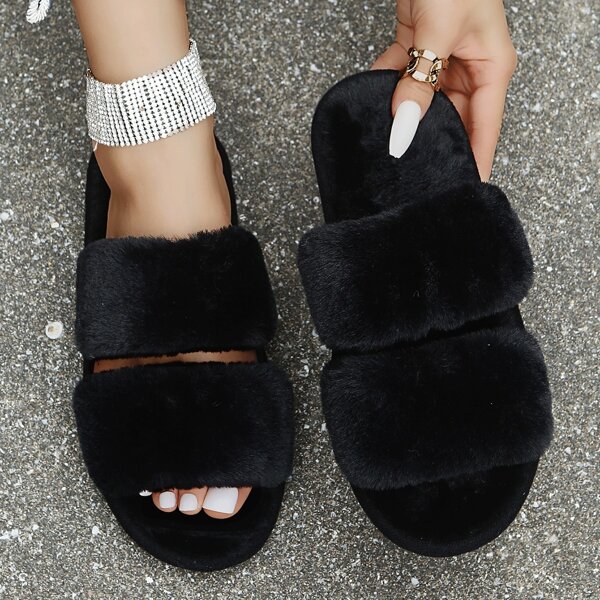 Minimalist Fluffy Bedroom Slippers, Black