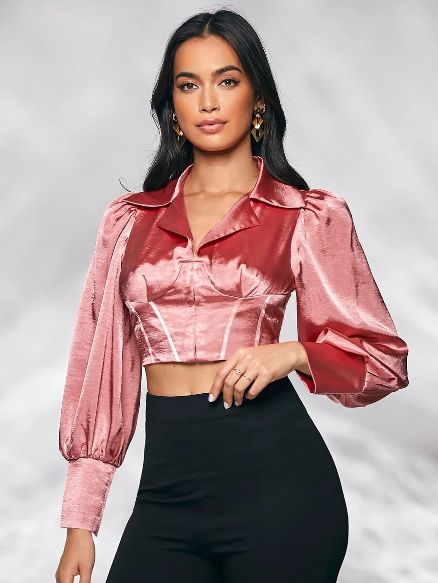 SHEIN BAE Ruched Lantern Sleeve Crop Top