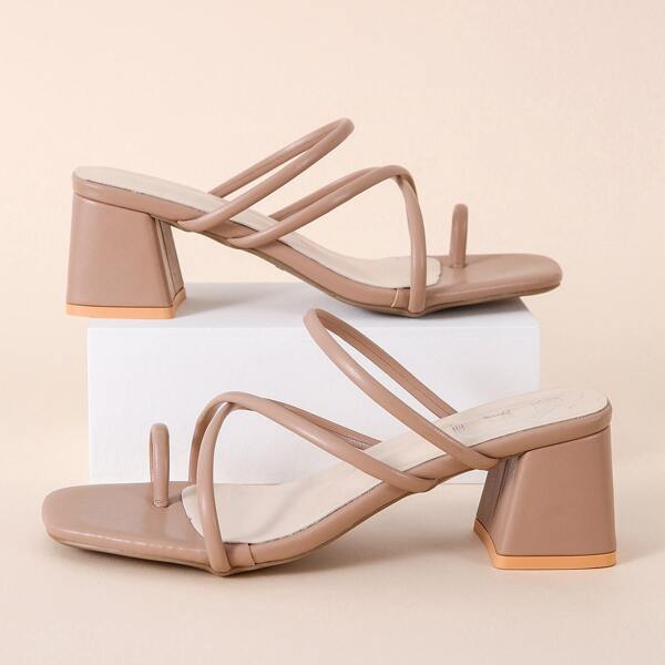 Thin Strap Chunky Heeled Thong Sandals, Apricot