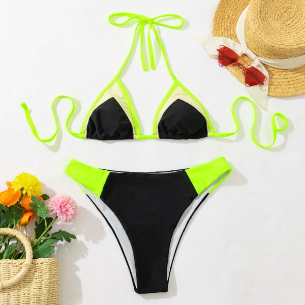 Color Block Bikini Swimsuit, Black