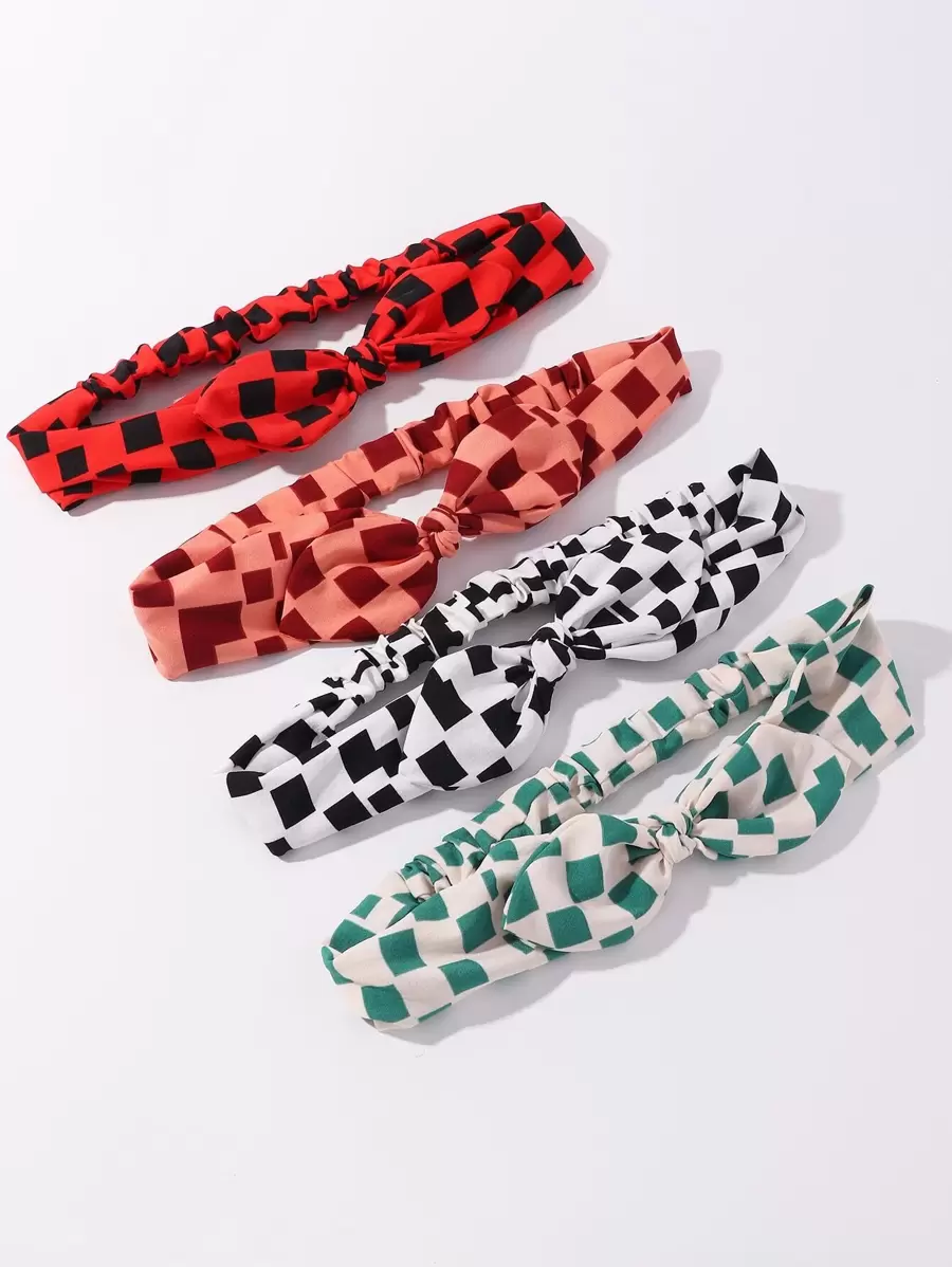 4pcs Women Plaid Rabbit Ear Headband Set, Minimalist Style, Suitable For Daily Wear, Spring/Summer