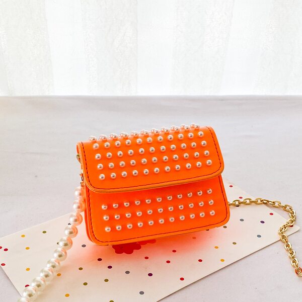 Girls Faux Pearls Decor Crossbody Bag, Orange