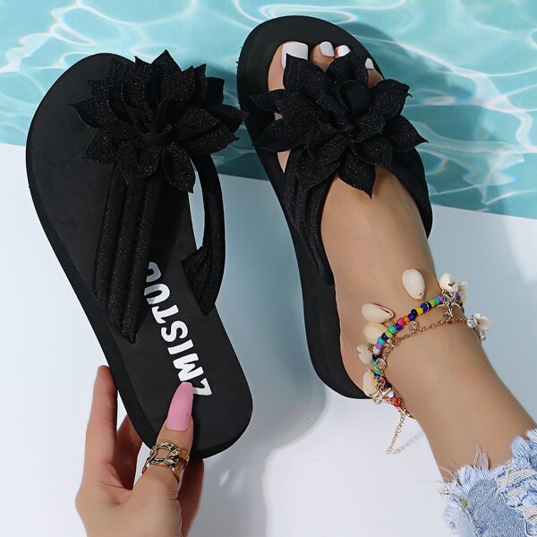 Floral Decor Flip Flops, Black