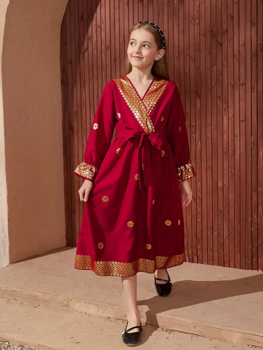 SHEIN Tween Girl Gold Floral Print Wrap Belted Flounce Sleeve Dress